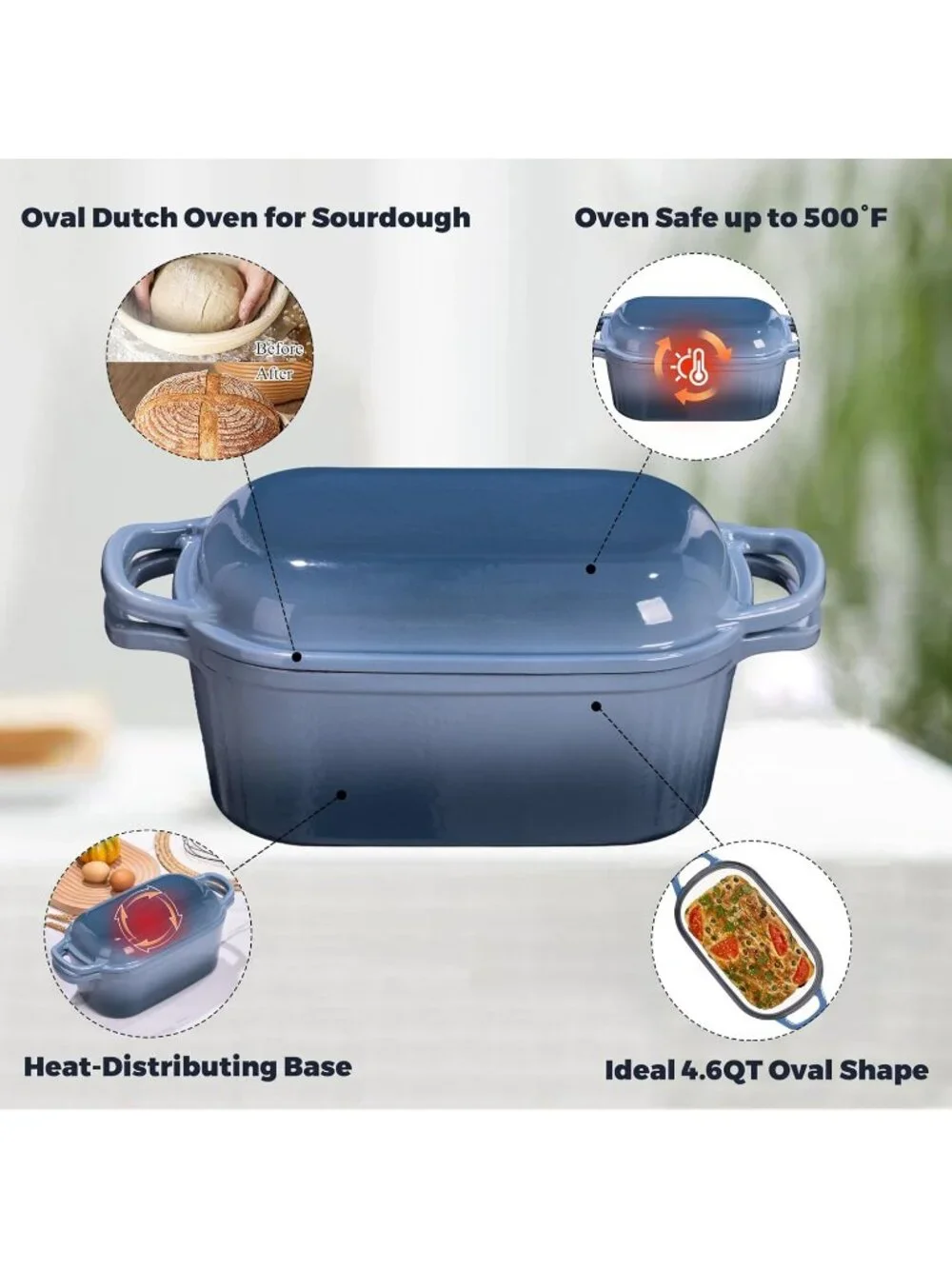 4.6 Qt Sea Salt Oval Enameled Cast Iron Dutch Oven for Sourdough Bread Baking